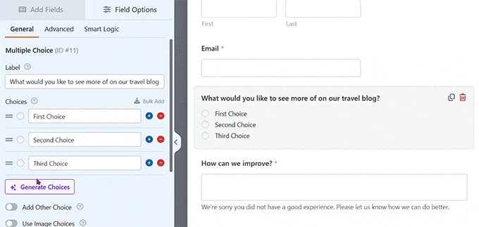 Use AI choices for dropdowns and multiple choice fields in WPForms