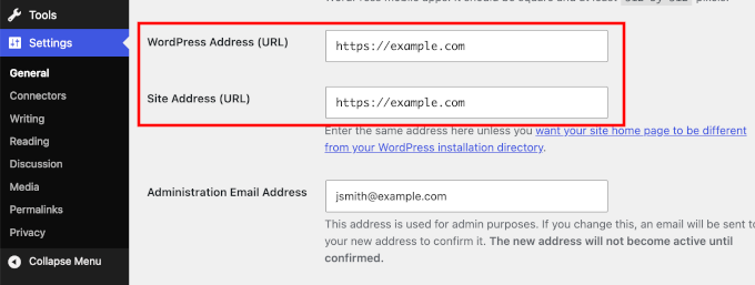 Adresa WordPress și adresa URL a site-ului Adresa WordPress și adresa URL a site-ului