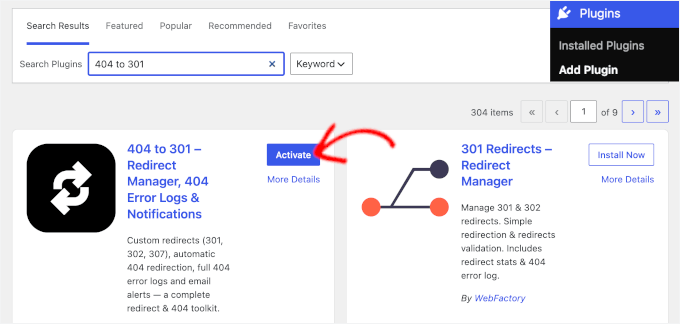 Activating the free 404 to 301 plugin