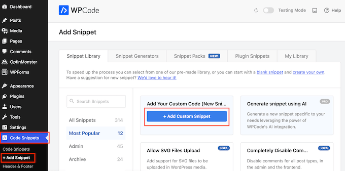 Adicionando um snippet personalizado ao WPCode Adicionando um snippet personalizado ao WPCode