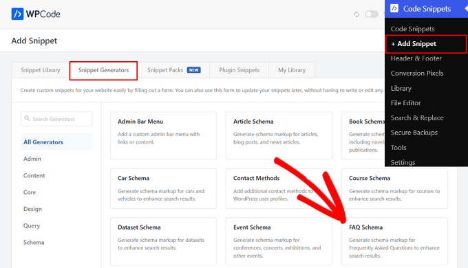 Select FAQ Schema from WPCode's snippet generators Select FAQ Schema from WPCode's snippet generators