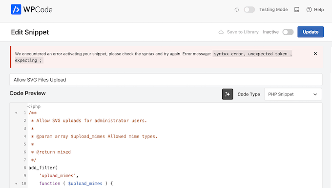 WPCodeエディタでハイライトされた構文エラーの例 WPCodeエディタでハイライトされた構文エラーの例