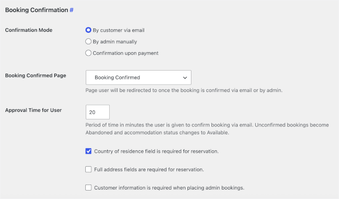 Booking confirmation settings