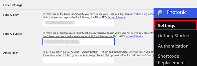 Aggiungi API e segreto Flickr in WordPress