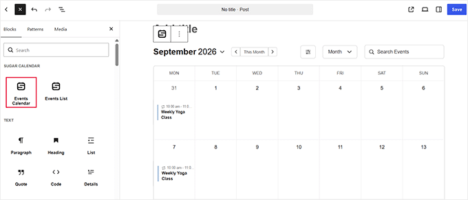 Adăugați blocul Sugar Calendar într-o pagină WordPress Adăugați blocul Sugar Calendar într-o pagină WordPress