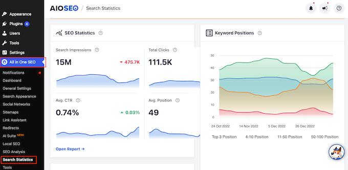 Monitoring search statistics inside the AIOSEO WordPress plugin Monitoring search statistics inside the AIOSEO WordPress plugin