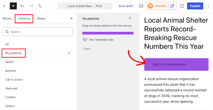 Aggiunta di un pattern all'editor di contenuti Aggiunta di un pattern all'editor di contenuti