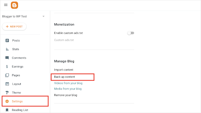 Option zum Sichern von Inhalten in den Blogger-Einstellungen