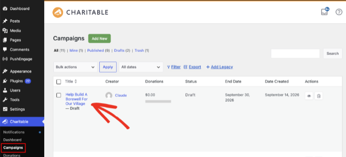 The Charitable Campaigns screen showing a draft campaign created by an AI assistant through WPVibe The Charitable Campaigns screen showing a draft campaign created by an AI assistant through WPVibe