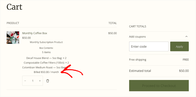 Cart showing monthly billing and total price Cart showing monthly billing and total price
