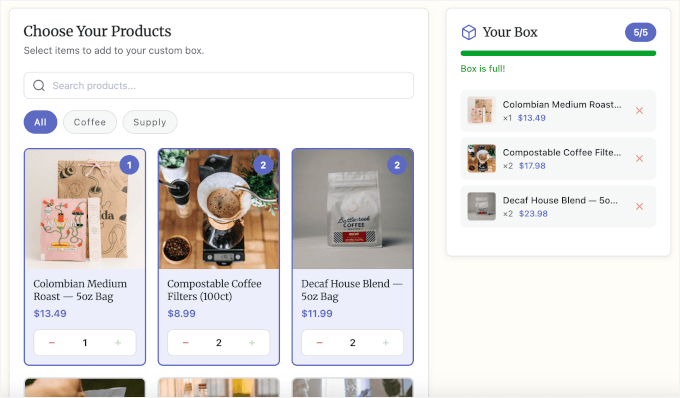 Customer-facing BoxBuilder product picker on the product page Customer-facing BoxBuilder product picker on the product page
