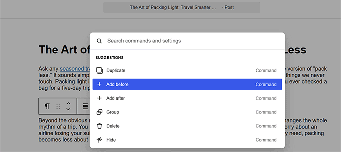 Command palette nell'editor dei post di WordPress Command palette nell'editor dei post di WordPress
