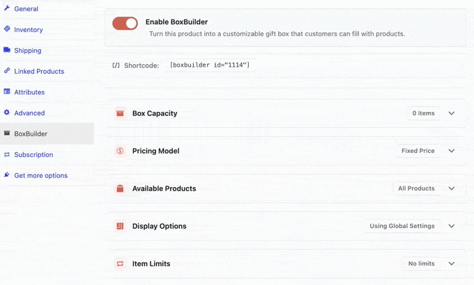 BoxBuilder configuration panel showing capacity, pricing model, available products, and item limits BoxBuilder configuration panel showing capacity, pricing model, available products, and item limits