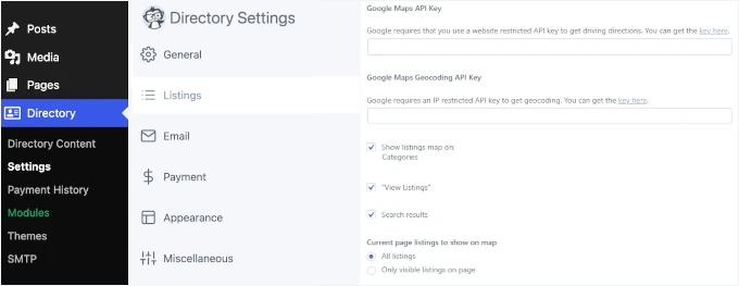 Directory Settings page in an admin dashboard; left navigation shows Directory highlighted, with Posts, Media, Pages, and Directory sections; right panel contains Google Maps API keys fields and checkboxes for showing listings on map and search results. Directory Settings page in an admin dashboard; left navigation shows Directory highlighted, with Posts, Media, Pages, and Directory sections; right panel contains Google Maps API keys fields and checkboxes for showing listings on map and search results.