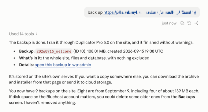 An AI assistant chat asking Duplicator to create a full site backup and reporting when it is complete An AI assistant chat asking Duplicator to create a full site backup and reporting when it is complete