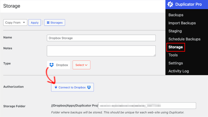 Creating a Dropbox storage using Duplicator Creating a Dropbox storage using Duplicator