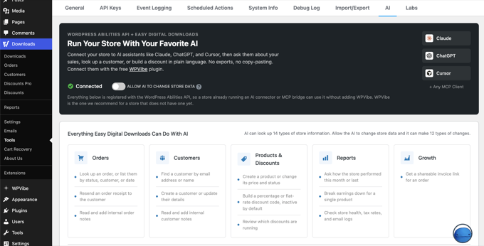 The new AI tab under Downloads » Tools in Easy Digital Downloads with the WordPress Abilities API settings The new AI tab under Downloads » Tools in Easy Digital Downloads with the WordPress Abilities API settings