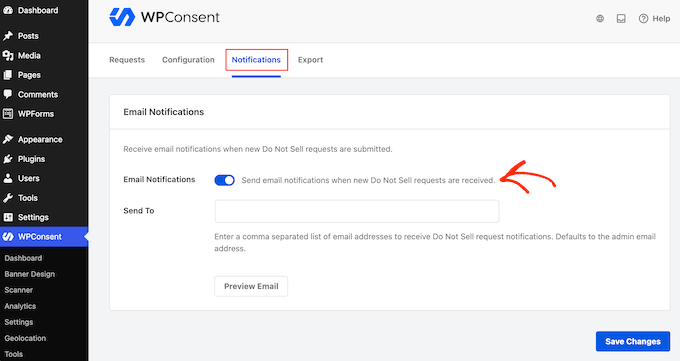 Activating email notifications for your site's tracking and consent records 