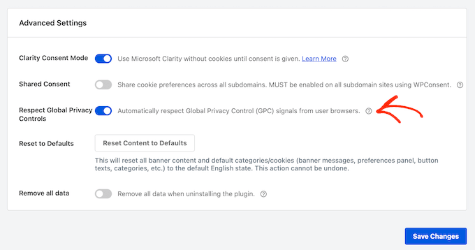 Configuring the Respect Global Privacy Controls settings