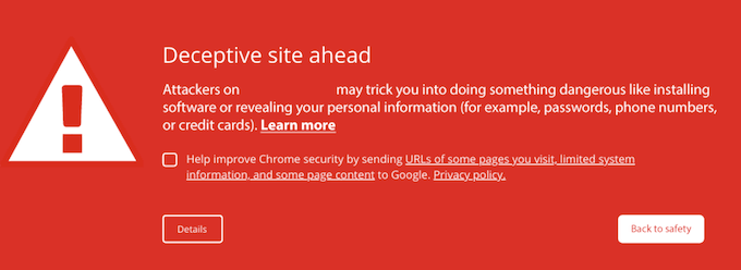 An unsafe website warning An unsafe website warning