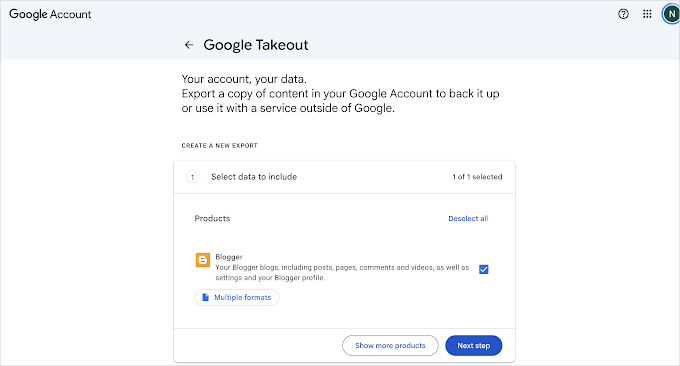 Google Takeout mit ausgewähltem Blogger für den Export