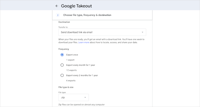Google Takeoutのオプションでデフォルト設定を使用する