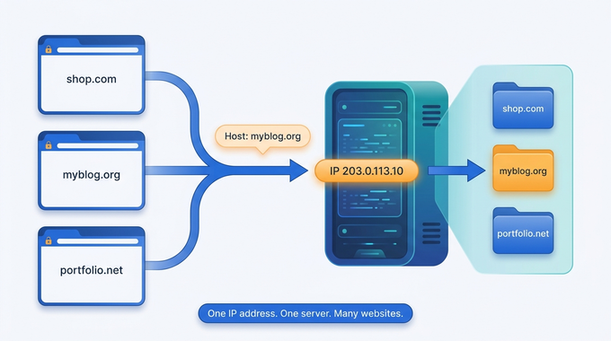 Ilustrație care explică cum un server găzduiește mai multe site-uri web