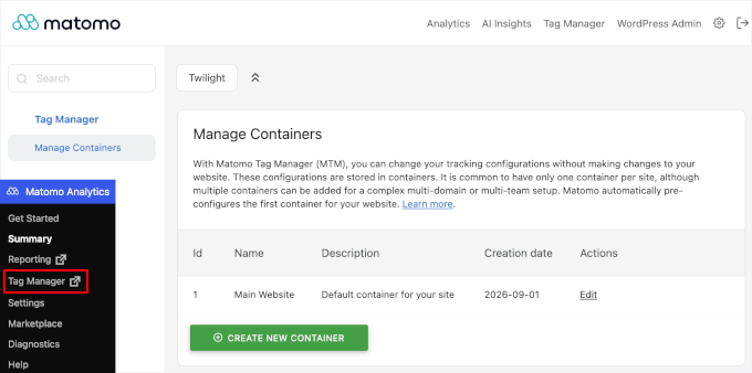Matomo Tag Manager accessibile tramite l'amministrazione di WordPress Matomo Tag Manager accessibile tramite l'amministrazione di WordPress