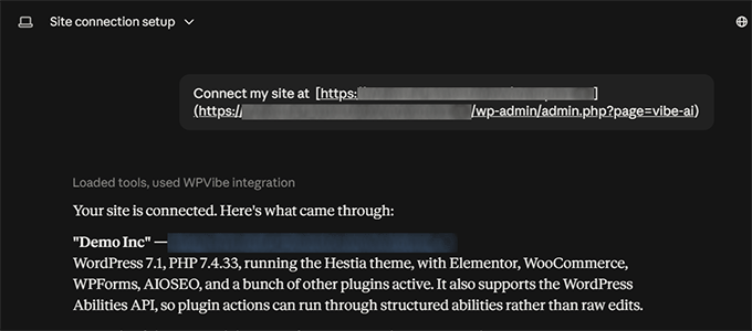 Paste prompt in Claude to complete WPVibe connection Paste prompt in Claude to complete WPVibe connection