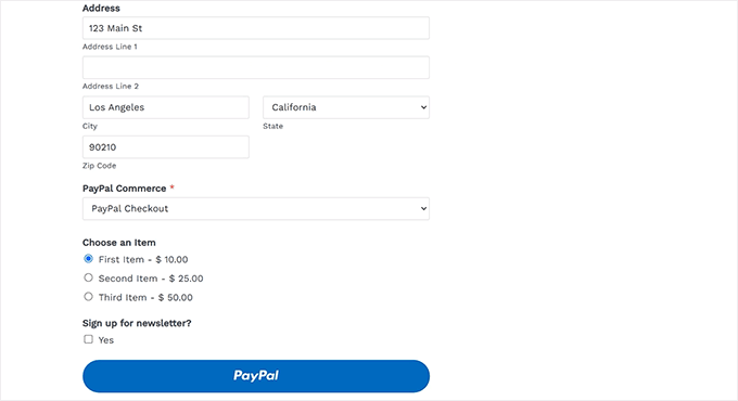 A PayPal payment form created with WPForms A PayPal payment form created with WPForms