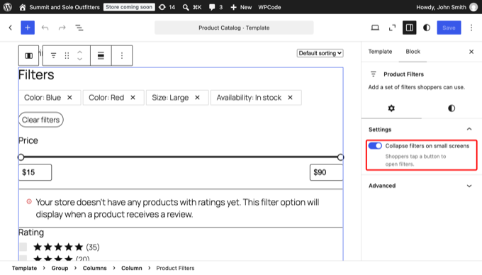 As configurações do bloco Filtros de Produto com a opção de recolher filtros em telas pequenas As configurações do bloco Filtros de Produto com a opção de recolher filtros em telas pequenas