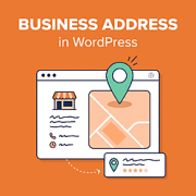 Ilustrație a unei funcții de adresă de afaceri WordPress cu o fereastră de browser, o hartă și un pin de locație pe un fundal portocaliu.