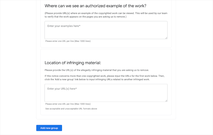 Original content and infringing material URL fields Original content and infringing material URL fields