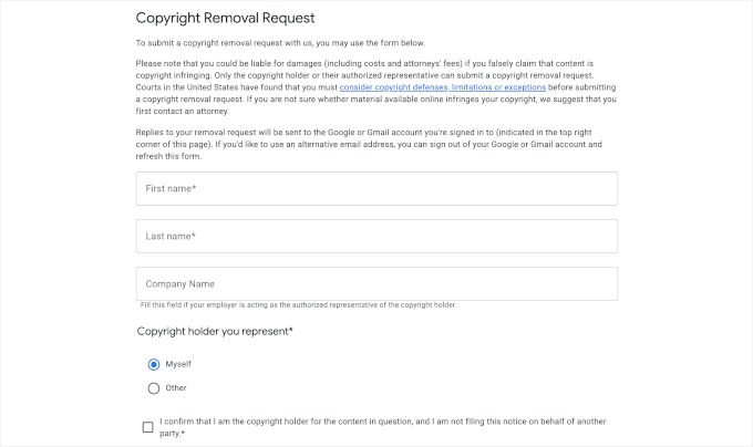 Google's DMCA report form Google's DMCA report form