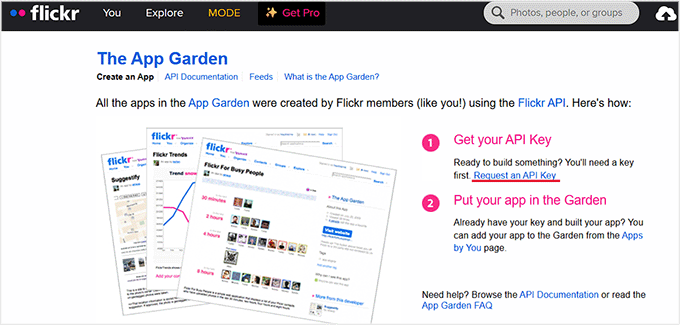 Richiedi la chiave API Flickr nel giardino delle app