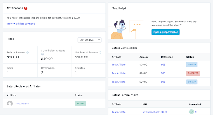 Viewing affiliate reports in SliceWP