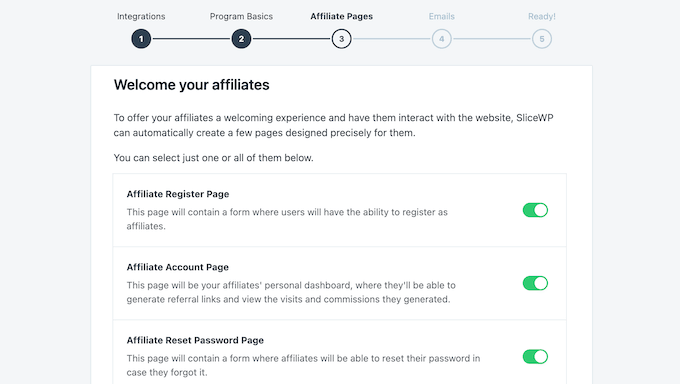 The SliceWP setup wizard for affiliate programs