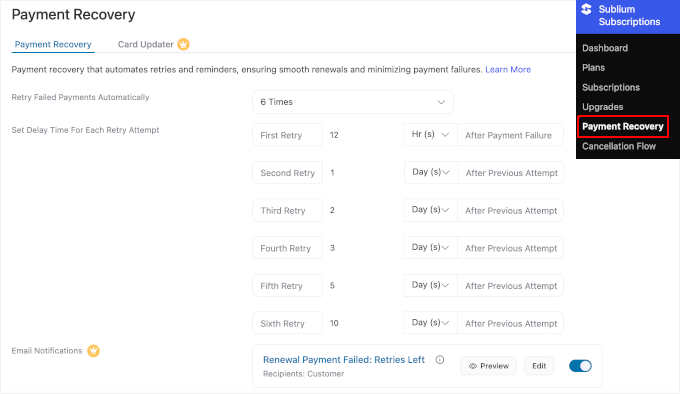 Payment recovery features in Sublium Payment recovery features in Sublium