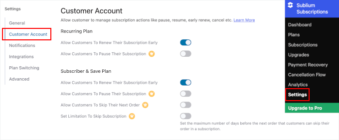 Customer account settings in Sublium Customer account settings in Sublium