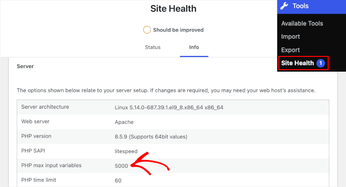 max_input_vars inside Site Health's server info increased max_input_vars inside Site Health's server info increased