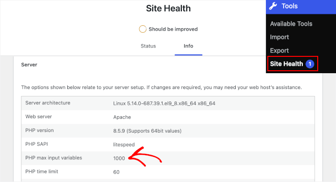 Checking max_input_vars inside Site Health's server info Checking max_input_vars inside Site Health's server info