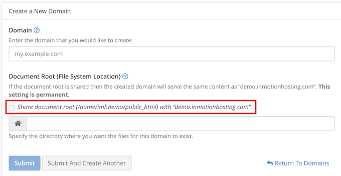 Debifați partajarea directorului rădăcină a documentelor în domeniile cPanel