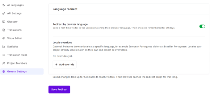 The Universally General Settings screen with the Redirect by browser language option switched on The Universally General Settings screen with the Redirect by browser language option switched on
