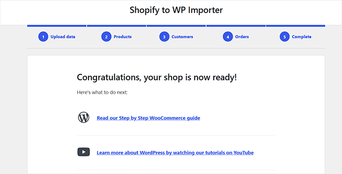 Visualizza il messaggio 'Il tuo negozio è pronto' nel plugin Import Shopify to WP Visualizza il messaggio 'Il tuo negozio è pronto' nel plugin Import Shopify to WP