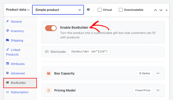 BoxBuilder tab with the Enable BoxBuilder toggle switched on BoxBuilder tab with the Enable BoxBuilder toggle switched on