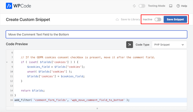 Sposta il campo di testo dei commenti in fondo usando WPCode