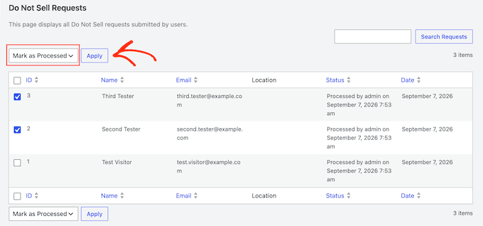 How to mark data requests as processed in WordPress