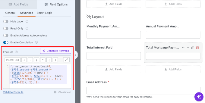 The formula in WPForms' mortgage calculator template The formula in WPForms' mortgage calculator template