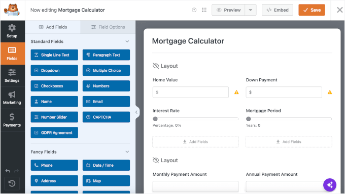 Mortgage calculator in WPForms editor Mortgage calculator in WPForms editor