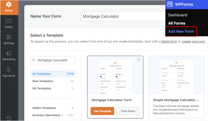 Finding the mortgage calculator template in WPForms Finding the mortgage calculator template in WPForms